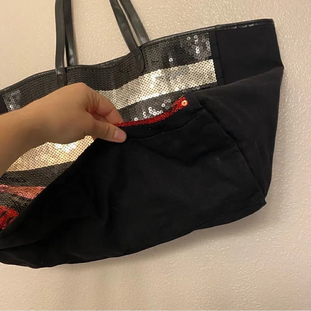 Victoria's Secret Stripe Sequin Carryall Tote beach Bag Black Red Silver Large